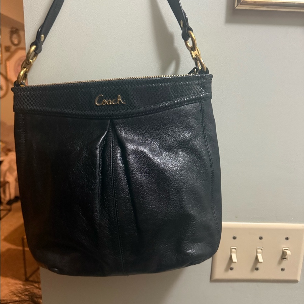 Coach Black Leather Shoulder Bag with Gold Accents